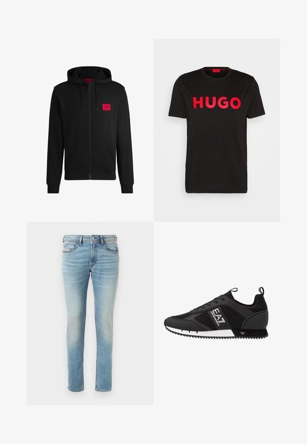 Črna zip-up kapuca iz mehkega blaga, z rdečim pravokotnim logotipom na levi strani prsnega koša in kapuco s vrvico.; Črna bombažna majica s poudarjenim rdečim napisom "HUGO" spredaj, kratkimi rokavi, okroglo ovratnikom in sproščenim krojem.; Svijetloplave traperice s uskim krojem, dizajnom s pet džepova i blagim izbljeđivanjem, koje imaju kopčanje na gumbe i petlje za remen.; EA7 Emporio Armani Športni copati - black/white