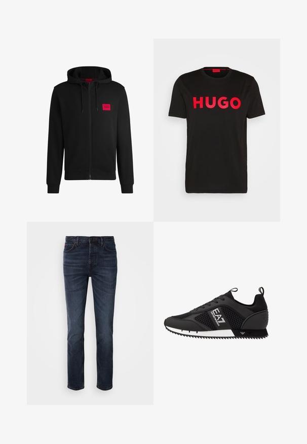 Sudadera negra con cremallera hecha de un tejido suave, con un parche rectangular rojo en el lado izquierdo del pecho y capucha con cordón.; Camiseta de algodón negra con el text bold rojo "HUGO" en la parte frontal, mangas cortas, cuello redondo y un corte relajado.; Jeans de mezclilla azul oscuro con un diseño de pierna recta, que cuentan con cinco bolsillos, un cierre de botón y cremallera, y sutiles detalles de costura.; EA7 Emporio Armani LACES UNISEX - Zapatillas - black/white