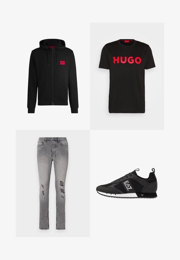 Crna zip-up dukserica napravljena od mekanog materijala, s crvenim pravokutnim logotipom na lijevoj strani prsnog koša i kapuljačom s vezicom.; Crna pamučna majica s istaknutim crvenim "HUGO" tekstom na prednjoj strani, kratkim rukavima, okruglim izrezom i opuštenim krojem.; Sive traperice uskog kroja s blagim elastinom. Imaju izlizane zakrpe na koljenima i klasičan dizajn s pet džepova.; EA7 Emporio Armani LACES UNISEX - Tenisice - black/white