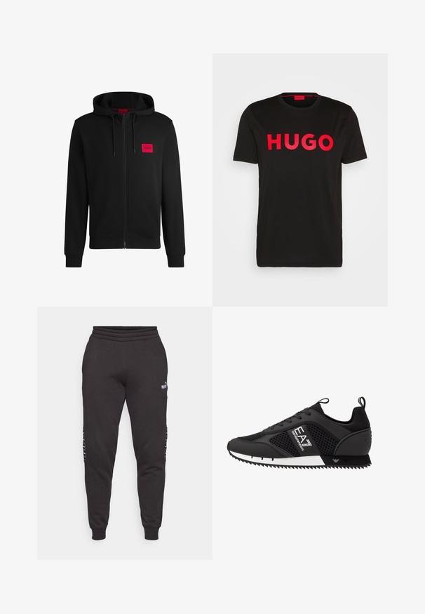 Black zip-up hoodie made of soft fabric, featuring a red rectangular logo patch on the left chest and drawstring hood.; Black cotton t-shirt featuring bold red "HUGO" text on the front, short sleeves, round neckline, and a relaxed fit.; Black sweatpants made from soft fabric, featuring a ribbed waistband, tapered legs, and side accents with logo detailing.; EA7 Emporio Armani Trainers - black/white