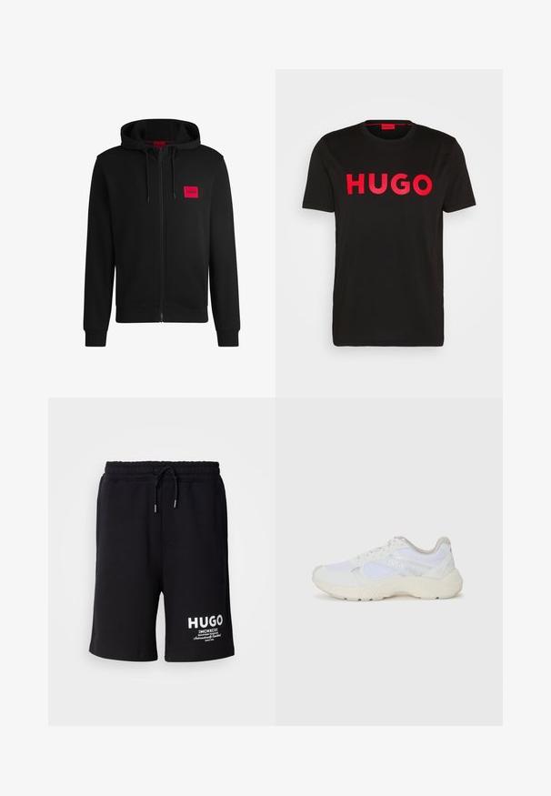 Černá zipová mikina vyrobená z měkké tkaniny, s červeným obdélníkovým logem na levé hrudi a kapucí na šňůrku.; Černé bavlněné tričko s výrazným červeným nápisem "HUGO" na přední straně, krátké rukávy, kulatý výstřih a uvolněný střih.; Černé bavlněné šortky s elastickým pasem a šňůrkou na stažení. Bílé logo "HUGO" na levé nohavici. Jednoduchý design, střih ke kolenům.; Bílé sportovní boty vyrobené z síťoviny a semiše, s texturovanou mezipodešví, texturovanými akcenty a logem "HUGO" na boku.