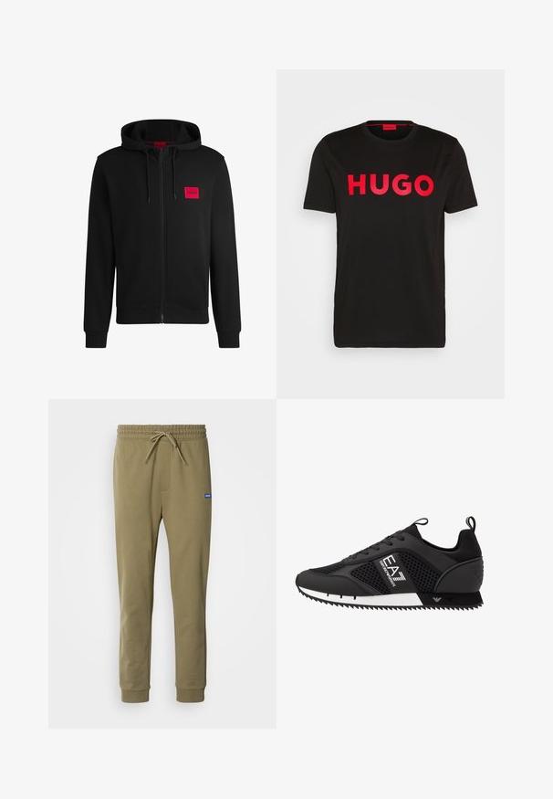 Sudadera negra con cremallera hecha de un tejido suave, con un parche rectangular rojo en el lado izquierdo del pecho y capucha con cordón.; Camiseta de algodón negra con el text bold rojo "HUGO" en la parte frontal, mangas cortas, cuello redondo y un corte relajado.; Pantalones de chándal verde olivo con cintura elástica y cordón. Cuenta con bolsillos laterales y puños acanalados. Fabricados con material suave y elástico.; EA7 Emporio Armani LACES UNISEX - Zapatillas - black/white