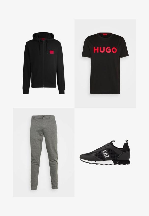 Black zip-up hoodie made of soft fabric, featuring a red rectangular logo patch on the left chest and drawstring hood.; Black cotton t-shirt featuring bold red "HUGO" text on the front, short sleeves, round neckline, and a relaxed fit.; Gray cotton blend trousers with a slim fit, button closure, and subtle texture. Smooth fabric without visible patterns or accents.; EA7 Emporio Armani Trainers - black/white