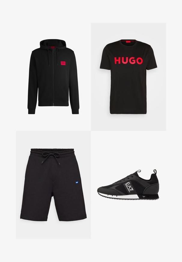 Black zip-up hoodie made of soft fabric, featuring a red rectangular logo patch on the left chest and drawstring hood.; Black cotton t-shirt featuring bold red "HUGO" text on the front, short sleeves, round neckline, and a relaxed fit.; Black cotton shorts with a drawstring waistband, featuring side pockets and a small blue logo patch on the front. Smooth texture.; EA7 Emporio Armani Trainers - black/white