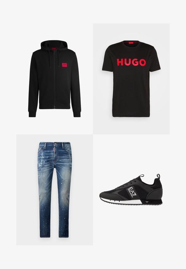 Μαύρο φούτερ με φερμουάρ φτιαγμένο από μαλακό ύφασμα, με κόκκινο ορθογώνιο λογότυπο στη αριστερή πλευρά του στήθους και κουκούλα με κορδόνι.; Μαύρο βαμβακερό μπλουζάκι με έντονο κόκκινο κείμενο "HUGO" μπροστά, κοντά μανίκια, στρογγυλή λαιμόκοψη και χαλαρή εφαρμογή.; Σκούρες μπλε τζην παντελόνες με ξεθωριασμένα σημεία, φθαρμένες περιοχές και λευκές σταγόνες μπογιάς. Σχέδιο ίσιας γραμμής με κλασική διάταξη πέντε τσεπών.; EA7 Emporio Armani LACES UNISEX - Αθλητικά παπούτσια - black/white