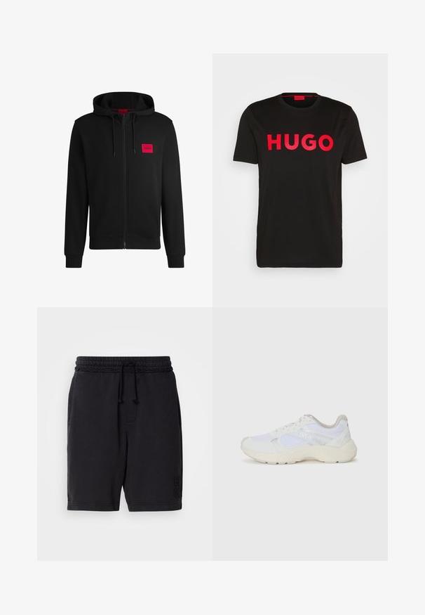 Črna zip-up kapuca iz mehkega blaga, z rdečim pravokotnim logotipom na levi strani prsnega koša in kapuco s vrvico.; Črna bombažna majica s poudarjenim rdečim napisom "HUGO" spredaj, kratkimi rokavi, okroglo ovratnikom in sproščenim krojem.; Črne bombažne kratke hlače z elastičnim pasom in vrvico. Imajo stranske žepke in subtilno embosirano blagovno znamko na spodnji levi nogi.; Bela športna obuvala iz mrežastega in semiš materiala, z teksturiranim podplatom, teksturiranimi dodatki in logotipom "HUGO" na strani.