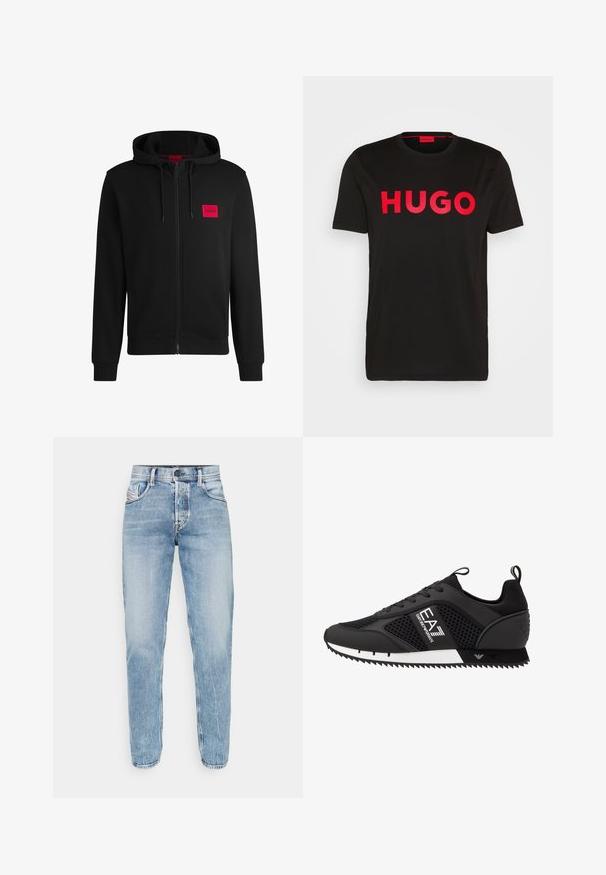 Moleton preto com fecho, feito de um tecido suave, apresentando um patch de logo retangular vermelho no lado esquerdo do peito e capuz com cordão.; T-shirt de algodão preto com o texto "HUGO" em vermelho intenso na parte da frente, mangas curtas, decote redondo e um corte relaxado.; Calças de ganga de um azul claro com um corte straight, design de cinco bolsos, costura visível e um encerramento clássico com botão e fecho de correr. Sem ornamentações.; EA7 Emporio Armani Sapatilhas - black/white