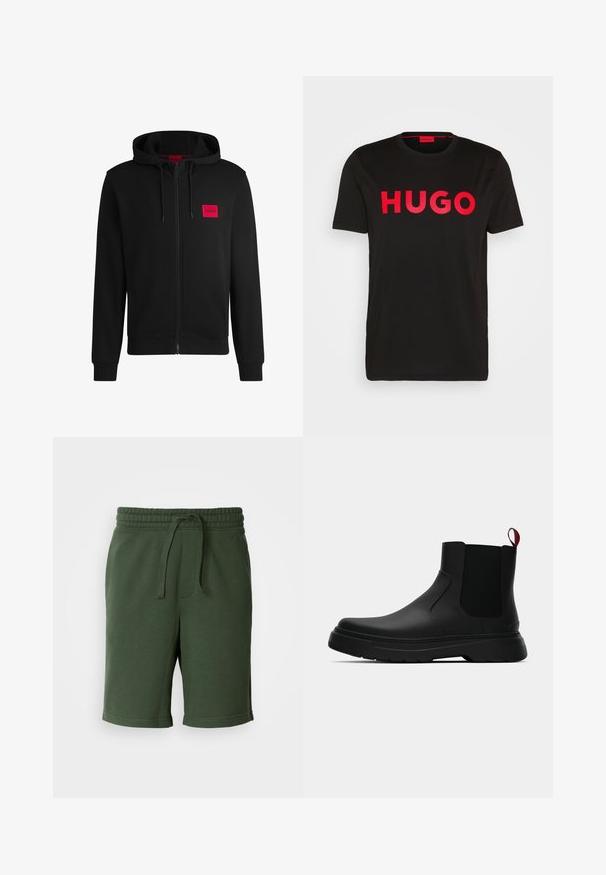 Fekete zipzáras kapucnis pulóver, puha anyagból készült, bal mellen piros téglalap alakú logóval és állítható kapucnival.; Fekete pamut póló, elöl feltűnő piros "HUGO" felirattal, rövid ujjal, kerek nyakkivágással és laza szabással.; Sötétzöld rövidnadrág elasztikus derékrésszel, zsinóros részletettel, zsebekkel és puha pamut keverék anyagból. Térd közepéig érő hossz.; Fekete bokacipő sima felülettel, ruganyos oldalsó panelek és kontrasztos piros húzópánt jellemzi, vastag gumitalppal és lekerekített orral.