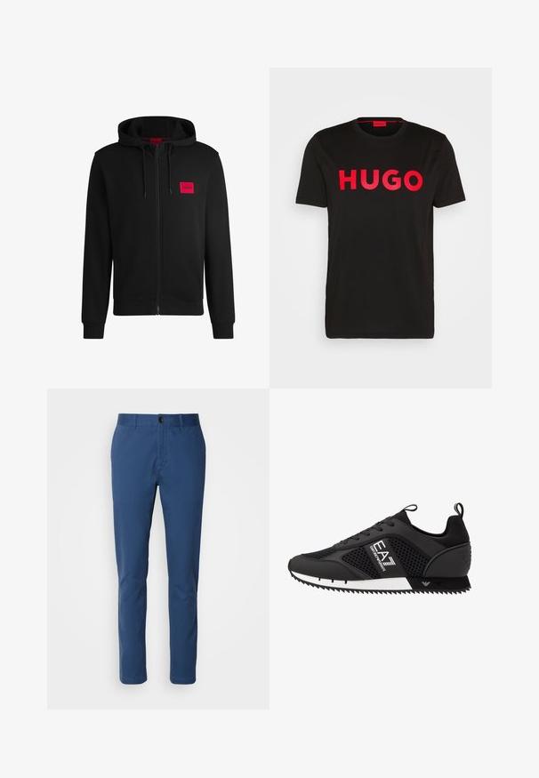 Hoodie zippé noir en tissu doux, avec un patch logo rectangulaire rouge sur la poitrine gauche et une capuche avec cordon de serrage.; T-shirt en coton noir avec le texte "HUGO" en rouge vif sur le devant, manches courtes, col rond et coupe décontractée.; Chinos en coton bleu marine avec une coupe ajustée ; disposent d'une taille standard, de poches avant et d'une fermeture à bouton simple. Texture lisse.; EA7 Emporio Armani Baskets basses - black/white