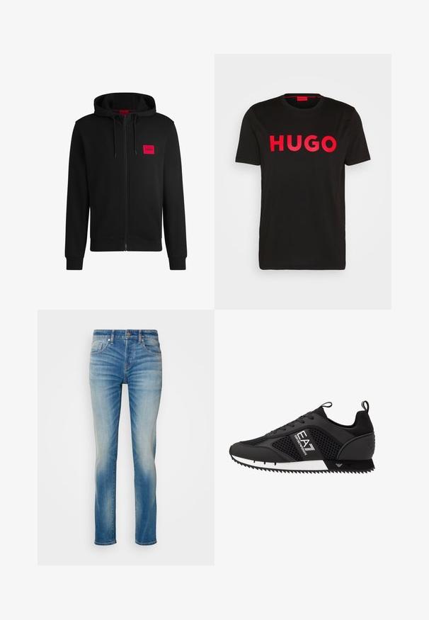 Czarny rozpinany hoodie wykonany z miękkiego materiału, z czerwoną prostokątną naszywką logo na lewej piersi i kapturem ze sznurkiem.; Czarna bawełniana koszulka z odważnym czerwonym napisem "HUGO" z przodu, krótkie rękawy, okrągły dekolt oraz luźny krój.; Jasnoniebieskie dżinsy z prostym krojem, z pięcioma kieszeniami i subtelnym wyblaknięciem na udach. Zapięcie na metalowy guzik i zamek błyskawiczny.; EA7 Emporio Armani UNISEX czarny