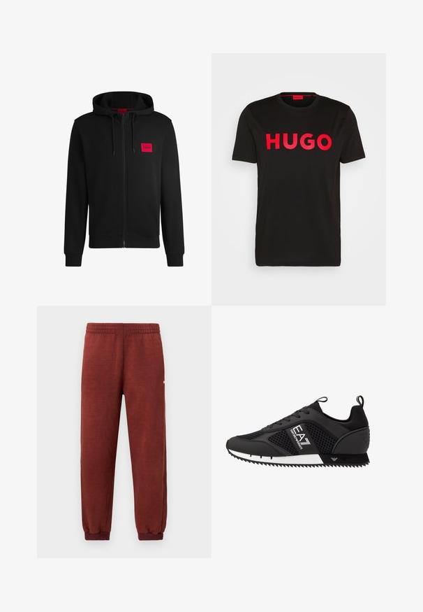Black zip-up hoodie made of soft fabric, featuring a red rectangular logo patch on the left chest and drawstring hood.; Black cotton t-shirt featuring bold red "HUGO" text on the front, short sleeves, round neckline, and a relaxed fit.; Rust-colored fleece sweatpants with elastic waistband and ankle cuffs, displayed against a white background.; EA7 Emporio Armani LACES UNISEX - Trainers - black/white