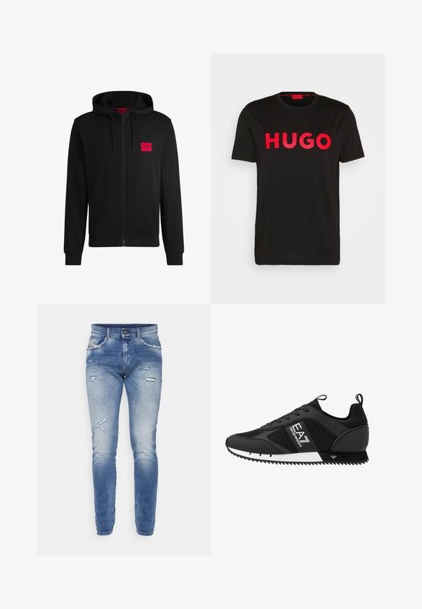 Mustapintainen vetoketjuhuppari, joka on valmistettu pehmeästä kankaasta. Vasemmassa rinnassa on punainen suorakulmainen logopatja ja siinä on kiristettävä huppu.; Musta puuvillainen t-paita, jossa on rohkea punainen "HUGO" -teksti edessä, lyhyet hihat, pyöreä kaula-aukko ja rento istuvuus.; Siniset farkut, joissa on kuluneen näköinen viimeistely, repaleiset yksityiskohdat, slim fit -leikkaus ja perinteinen viisi tasku -suunnittelu.; EA7 Emporio Armani Matalavartiset tennarit - black/white