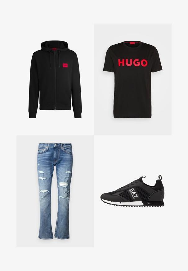 Svart hettejakke med glidelås laget av myk stoff, med et rødt rektangulært logo merke på venstre bryst og snorhette.; Svart bomull T-skjorte med fet rød "HUGO" tekst foran, korte ermer, rund hals og avslappet passform.; Lyseblå ripped jeans med flere slitte lapper. Klokket design med en jevn tekstur og kontraststing. Metallknappelukking.; EA7 Emporio Armani Joggesko - black/white