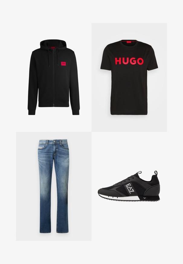 Crna zip-up dukserica napravljena od mekanog materijala, s crvenim pravokutnim logotipom na lijevoj strani prsnog koša i kapuljačom s vezicom.; Crna pamučna majica s istaknutim crvenim "HUGO" tekstom na prednjoj strani, kratkim rukavima, okruglim izrezom i opuštenim krojem.; Plave traperice s izblijedjelim završetkom, ravnim krojem nogavica, pet džepova i suptilnim detaljima šavova. Klasično zatvaranje na kopču.; EA7 Emporio Armani Tenisice - black/white