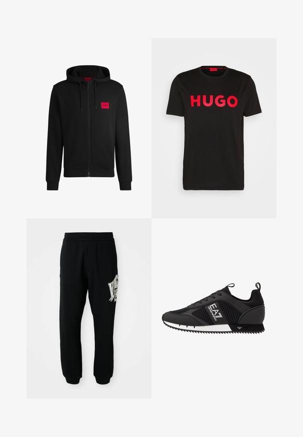 Melnā pieguļošā jaka ar rāvējslēdzēju, izgatavota no mīksta auduma, ar sarkanu taisnstūra formas logo uz kreisā krūtīm un regulējamu kapuci.; Melns kokvilnas T-krekls ar izteiksmīgām sarkanm sērijas "HUGO" uzrakstam priekšpusē, īsām piedurknēm, apaļu kakla izgriezumu un brīvu piegriezumu.; Melnas svītrainas bikses, kas izgatavotas no mīkstas auduma, ar ribota josta un piedurknēm. Kreisajā kājā ir grafiska apdruka baltā un pelēkā krāsā.; EA7 Emporio Armani LACES UNISEX - Treniņu apavi - black/white