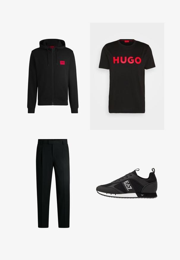 Sort zip-hoodie lavet af blødt stof, med et rødt rektangulært logo patch på venstre bryst og hætte med snore.; Sort bomulds T-shirt med fed rød "HUGO" tekst foran, korte ærmer, rund halsudskæring og en afslappet pasform.; Sorte skræddersyede bukser med flad forside, der har to folder, en talje med bæltestropper og et glat tekstureret stof.; EA7 Emporio Armani LACES UNISEX - Sneakers - black/white