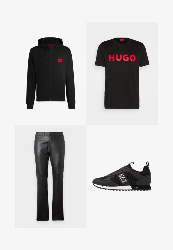 Mustapintainen vetoketjuhuppari, joka on valmistettu pehmeästä kankaasta. Vasemmassa rinnassa on punainen suorakulmainen logopatja ja siinä on kiristettävä huppu.; Musta puuvillainen t-paita, jossa on rohkea punainen "HUGO" -teksti edessä, lyhyet hihat, pyöreä kaula-aukko ja rento istuvuus.; Musta nahkahousut kapealla istuvuudella, joissa on normaali viisi-taskun muotoilu, vyölenkit ja nappikiinnitys edessä. Sileä rakenne, suora lahje.; EA7 Emporio Armani LACES UNISEX - Matalavartiset tennarit - black/white