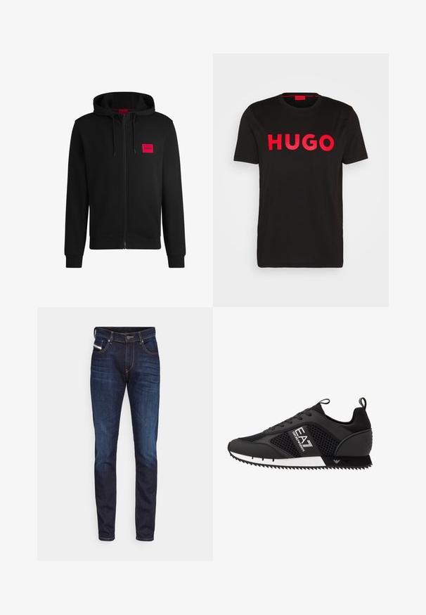 Hoodie zippé noir en tissu doux, avec un patch logo rectangulaire rouge sur la poitrine gauche et une capuche avec cordon de serrage.; T-shirt en coton noir avec le texte "HUGO" en rouge vif sur le devant, manches courtes, col rond et coupe décontractée.; Jean en denim bleu foncé avec une coupe slim, présentant des coutures orange contrastantes, une fermeture à bouton classique et cinq poches.; EA7 Emporio Armani LACES UNISEX - Baskets basses - black/white