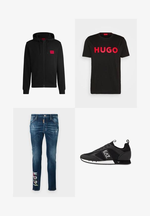 Felpa nera con zip realizzata in tessuto morbido, con un logo rettangolare rosso sul lato sinistro del petto e cappuccio con cordino.; T-shirt nera in cotone con il testo "HUGO" rosso audace sul davanti, maniche corte, scollo rotondo e vestibilità rilassata.; Jeans di denim blu a vestibilità slim, con schizzi di vernice e testo grafico colorato sulla gamba sinistra. Cuciture a contrasto lungo le cuciture.; EA7 Emporio Armani Sneakers basse - black/white