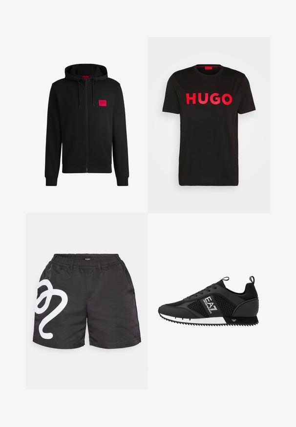 Moleton preto com fecho, feito de um tecido suave, apresentando um patch de logo retangular vermelho no lado esquerdo do peito e capuz com cordão.; T-shirt de algodão preto com o texto "HUGO" em vermelho intenso na parte da frente, mangas curtas, decote redondo e um corte relaxado.; Calções atléticos pretos feitos de tecido leve, com um cós elástico e um grande design gráfico branco na perna esquerda.; EA7 Emporio Armani Sapatilhas - black/white