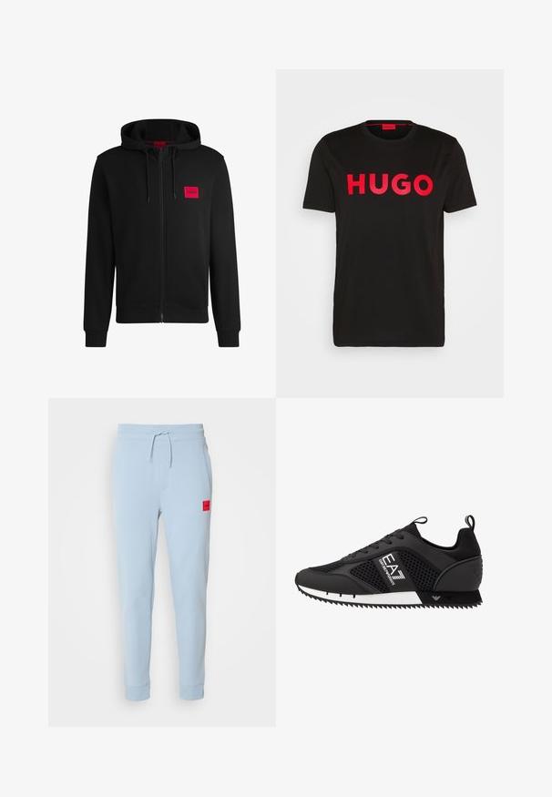 Black zip-up hoodie made of soft fabric, featuring a red rectangular logo patch on the left chest and drawstring hood.; Black cotton t-shirt featuring bold red "HUGO" text on the front, short sleeves, round neckline, and a relaxed fit.; Light blue cotton joggers with a drawstring waist, side pockets, and a small red logo patch on the left side. Fitted cuffs at the ankles.; EA7 Emporio Armani Trainers - black/white