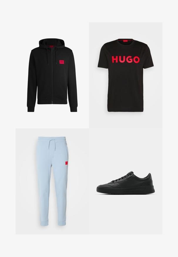 Melnā pieguļošā jaka ar rāvējslēdzēju, izgatavota no mīksta auduma, ar sarkanu taisnstūra formas logo uz kreisā krūtīm un regulējamu kapuci.; Melns kokvilnas T-krekls ar izteiksmīgām sarkanm sērijas "HUGO" uzrakstam priekšpusē, īsām piedurknēm, apaļu kakla izgriezumu un brīvu piegriezumu.; Gaiši zilas kokvilnas bikses ar auklu jostu, sānu kabatām un mazu sarkanu logo uzlīmi kreisajā pusē. Piemērotas kāju aproces potītēs.; Melnās kedas ar gludu ādas augšpusi, apaļu purngalu, plakaniem šņorēm, mīkstinātu apkakli un minimālistisku dizainu. Gumijas zole ar smalku rakstu.