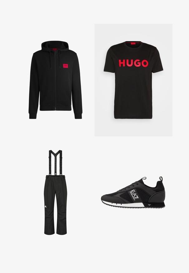 Hanorac negru cu fermoar, fabricat dintr-un material moale, cu un patch rectangular roșu pe pieptul stâng și glugă cu șnur.; Tricou din bumbac negru, cu text „HUGO” îndrăzneț roșu pe față, mâneci scurte, decolteu rotund și o croială lejeră.; Pantaloni negri impermeabili cu bretele ajustabile, având o textură netedă și un logo alb pe piciorul stâng, concepuți pentru utilizarea în aer liber.; EA7 Emporio Armani LACES UNISEX - Sneakers low - black/white