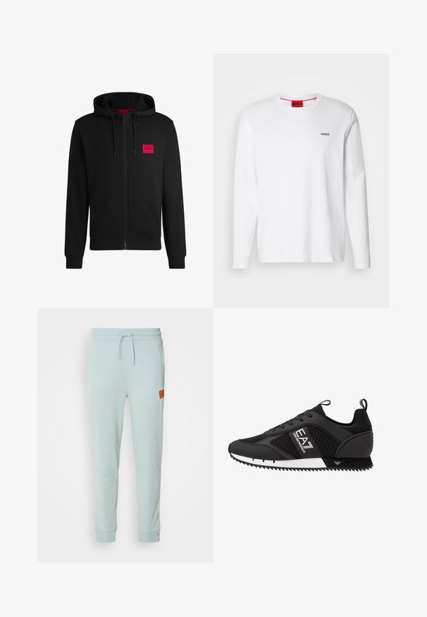 Fekete zipzáras kapucnis pulóver, puha anyagból készült, bal mellen piros téglalap alakú logóval és állítható kapucnival.; Fehér, hosszú ujjú pamut póló, kerek nyakkivágással, bal mellrészen fekete "HUGO" logóval és sima textúrával.; HUGO DOAK - Tréningruha alsók - open grey; EA7 Emporio Armani Sportcipő - black/white
