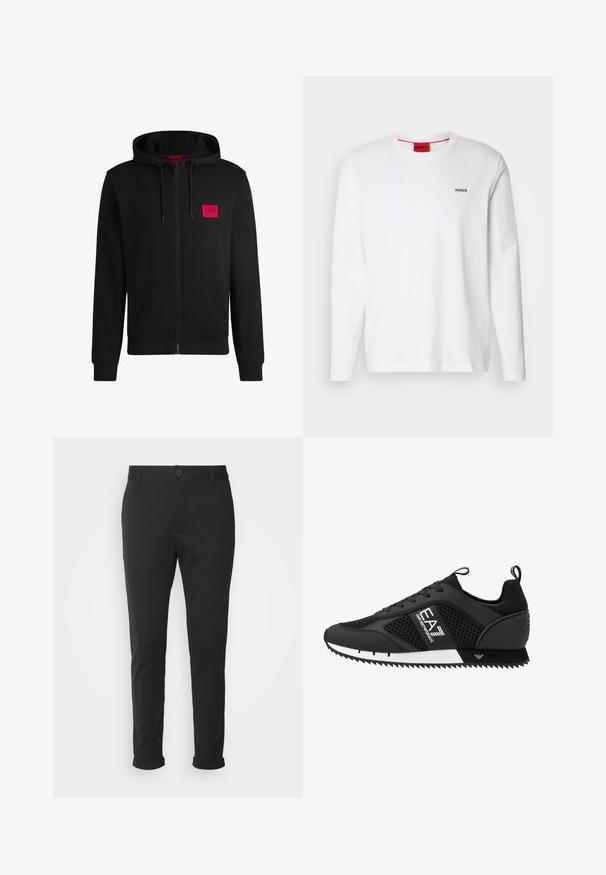 Zwarte zip-up hoodie van zacht materiaal, met een rood rechthoekig logo patch op de linkerborst en een verstelbare capuchon.; Witte lange mouw shirt van katoen, met een ronde halslijn, zwart "HUGO" logo op de linkerkant van de borst en een gladde textuur.; Zwarte broek van een zachte stof met een recht model. Voorzien van een enkele knoopsluiting en opgerolde mouwen.; EA7 Emporio Armani Sneakers laag - black/white