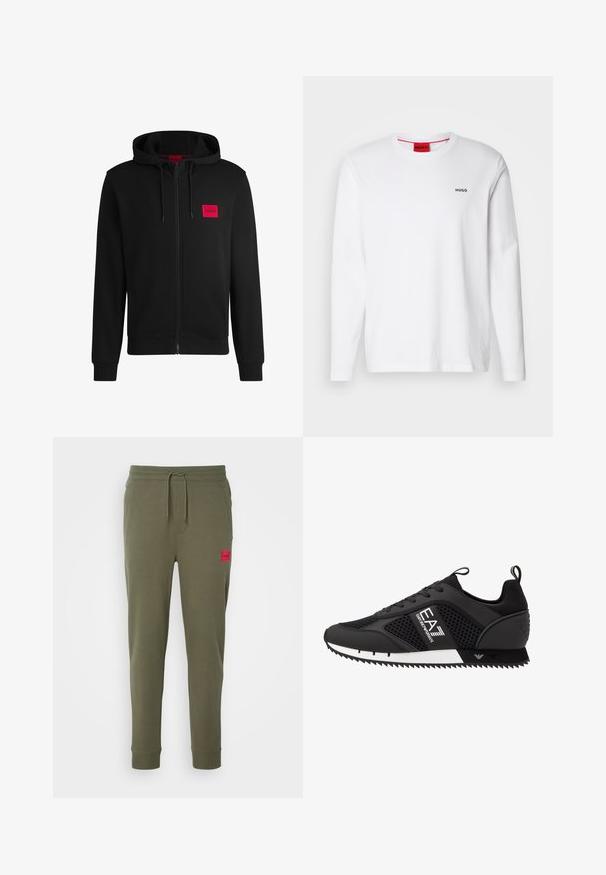 Črna zip-up kapuca iz mehkega blaga, z rdečim pravokotnim logotipom na levi strani prsnega koša in kapuco s vrvico.; Bela srajca z dolgimi rokavi, izdelana iz bombaža, z okroglim izrezom, črnim logotipom "HUGO" na levem prsnem delu in gladko teksturo.; HUGO DOAK - Spodnji deli trenirk - dark beige; EA7 Emporio Armani Športni copati - black/white