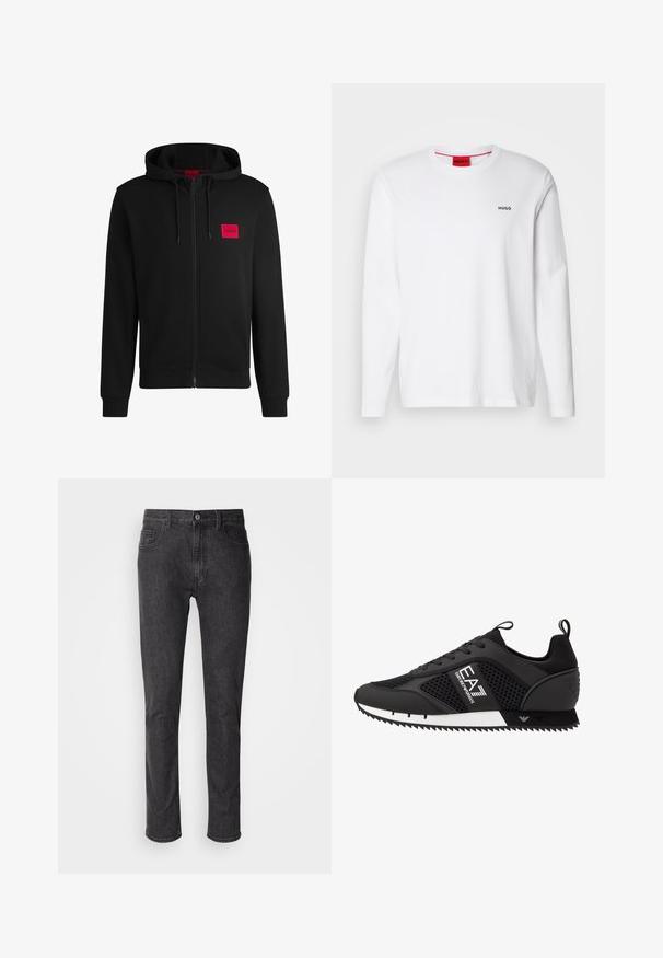 Mustapintainen vetoketjuhuppari, joka on valmistettu pehmeästä kankaasta. Vasemmassa rinnassa on punainen suorakulmainen logopatja ja siinä on kiristettävä huppu.; Valkoinen pitkähihaisen paita, joka on valmistettu puuvillasta. Paidassa on pyöreä pääntie, musta "HUGO"-logot vasemmassa rinnassa ja sileä pinta.; Harmaat farkut, joissa on suora lahkeensuunnittelu, viisi taskua, nappikiinnitys ja huomaamattomat ompelu-yksityiskohdat. Sileä pinta, klassinen istuvuus.; EA7 Emporio Armani Matalavartiset tennarit - black/white