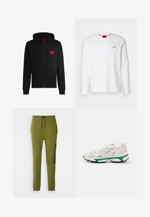 Fekete zipzáras kapucnis pulóver, puha anyagból készült, bal mellen piros téglalap alakú logóval és állítható kapucnival.; Fehér, hosszú ujjú pamut póló, kerek nyakkivágással, bal mellrészen fekete "HUGO" logóval és sima textúrával.; HUGO DUTSCHI - Tréningruha alsók - open green; Fehér sneaker zöld részletekkel és fekete gumitalppal. Háló és szintetikus panelek találhatók rajta, texturált felülettel és látható varrással.
