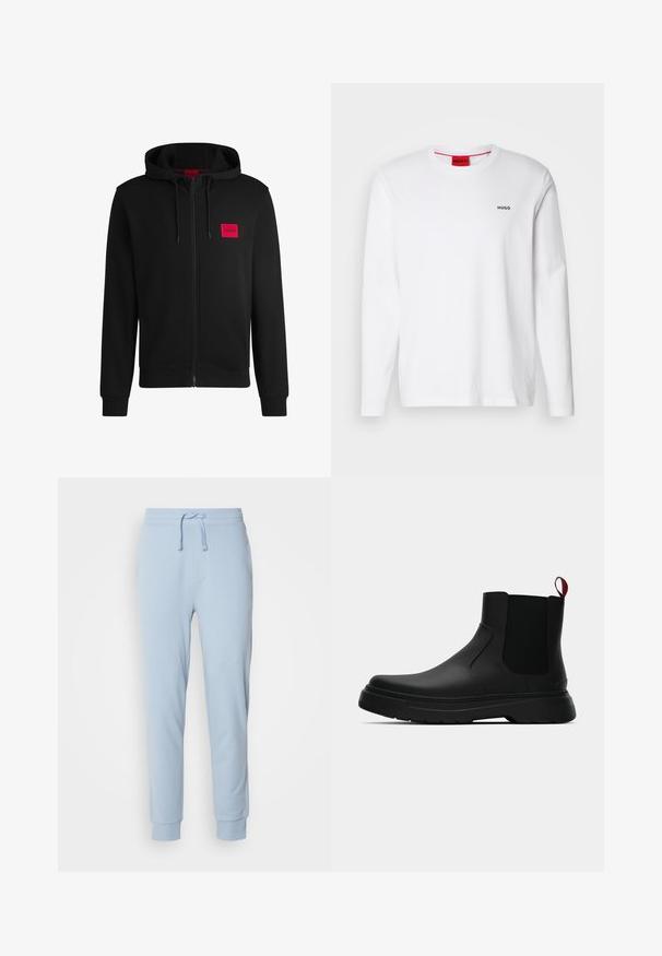 Juodas zip-up hoodie, pagamintas iš minkštos medžiagos, su raudonu stačiakampiu logotipo emblema kairiajame krūtinės šone ir su reguliuojama kapuce.; Balti ilgos rankovės marškiniai, pagaminti iš medvilnės, su apvaliu kaklu, juodu "HUGO" logotipu kairėje krūtinės pusėje ir lygiu paviršiumi.; Šviesiai mėlynos sportinės kelnės iš minkštos medžiagos su elastingu liemeniu ir reguliuojama raišteliu. Suvarstyti galai užbaigia dizainą.; Juodas kulkšninis batas su lygiu paviršiumi, elastiniais šonų intarpais ir kontrastingu raudonu kilimėliu, turintis storą guminį pado ir apvalią nosį.