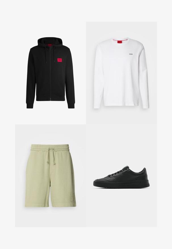 Zwarte zip-up hoodie van zacht materiaal, met een rood rechthoekig logo patch op de linkerborst en een verstelbare capuchon.; Witte lange mouw shirt van katoen, met een ronde halslijn, zwart "HUGO" logo op de linkerkant van de borst en een gladde textuur.; Lichtgroene katoenen short in een blend met een elastische tailleband en een verstelbare trekkoord. Voorzien van zijzakken en een geborduurd logo op het been.; Zwarte sneaker met een glad leren bovenwerk, ronde neus, platte veters, gewatteerde kraag en minimalistisch design. Rubberen zool met een subtiel profiel.