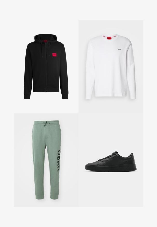 Čierna mikina na zips vyrobená z mäkkej látky, s červeným obdĺžnikovým logom na ľavej hrudi a sťahovacou kapucňou.; Biela dlhá bavlnená košeľa s dlhým rukávom, so zaobleným výstrihom, čiernym logom "HUGO" na ľavej hrudi a hladkou textúrou.; Zelené tepláky vyrobené z mäkkej tkaniny, s elastickým pásom a bočnými vreckami. Na ľavej nohe je v odvážnej čiernej farbe vytlačený nápis "HUGO".; Čierne tenisky s hladkým koženým zvrškom, okrúlym špičkou, plochými šnúrkami, polstrovaným golierom a minimalistickým dizajnom. Gumená podrážka s jemným vzorom behúňa.