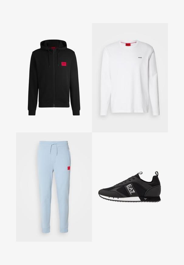 Juodas zip-up hoodie, pagamintas iš minkštos medžiagos, su raudonu stačiakampiu logotipo emblema kairiajame krūtinės šone ir su reguliuojama kapuce.; Balti ilgos rankovės marškiniai, pagaminti iš medvilnės, su apvaliu kaklu, juodu "HUGO" logotipu kairėje krūtinės pusėje ir lygiu paviršiumi.; Šviesiai mėlynos medvilninės džinsinės kelnės su raišteliu, šoninėmis kišenėmis ir mažu raudonu logotipo ženkleliu kairėje pusėje. Aptempti rankogaliai ties kulkšnimis.; EA7 Emporio Armani Sportbačiai - black/white