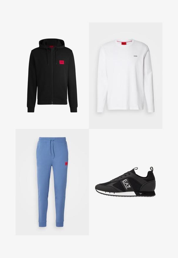 Juodas zip-up hoodie, pagamintas iš minkštos medžiagos, su raudonu stačiakampiu logotipo emblema kairiajame krūtinės šone ir su reguliuojama kapuce.; Balti ilgos rankovės marškiniai, pagaminti iš medvilnės, su apvaliu kaklu, juodu "HUGO" logotipu kairėje krūtinės pusėje ir lygiu paviršiumi.; Mėlyni medvilniniai sportiniai kelniai su elastinga juosta ir raišteliu. Turi šonines kišenes ir raudoną logotipo pleistrą ant kairiojo šlaunies.; EA7 Emporio Armani Sportbačiai - black/white