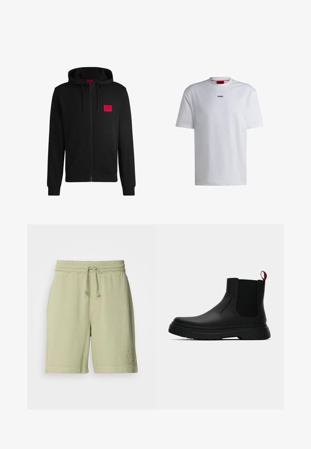 Sudadera negra con cremallera hecha de un tejido suave, con un parche rectangular rojo en el lado izquierdo del pecho y capucha con cordón.; Camiseta de algodón blanca con mangas cortas, cuello redondo y un logo negro "HUGO" en el pecho. Textura suave, corte casual, sin estampados.; Pantalones cortos de mezcla de algodón verde claro con cinturilla elástica y cordón ajustable. Presenta bolsillos laterales y un logotipo bordado en la pierna.; Botín negro con un acabado liso, paneles laterales elásticos y una lengüeta de tirón roja contrastante, que presenta una suela de goma gruesa y punta redondeada.