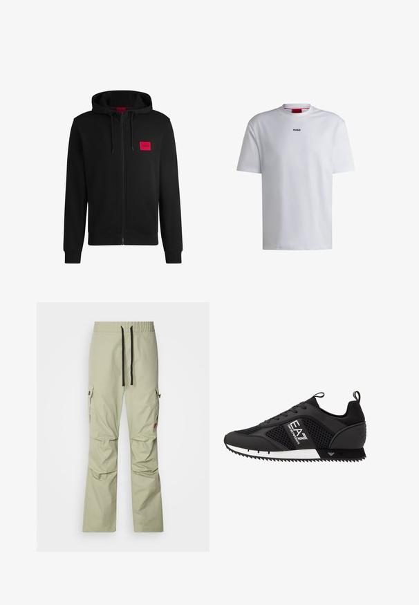Čierna mikina na zips vyrobená z mäkkej látky, s červeným obdĺžnikovým logom na ľavej hrudi a sťahovacou kapucňou.; Biely bavlnený tričko s krátkymi rukávmi, okrúhlym výstrihom a čiernym logom "HUGO" na hrudi. Hladký povrch, voľný strih, bez vzorov.; Svetlozelené cargo nohavice s voľným strihom, elastickým pásom, čiernym šnúrkou, dvoma bočnými vreckami a jemnými detailmi šitia.; EA7 Emporio Armani LACES UNISEX - Tenisky - black/white