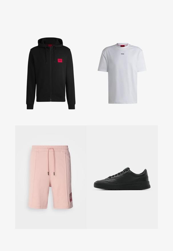 Svart zip-up huvtröja gjord av mjukt tyg, med en röd rektangulär logotyp på vänster bröst och dragsko i huvan.; Vit bomull t-shirt med kort ärm, rund halsringning och en svart "HUGO"-logotyp på bröstet. Slät textur, avslappnad passform, inga mönster.; HUGO DEXEY RB - Träningsbyxor - light pastel pink; Svart sneaker med slät läderöverkänsla, rund tå, platta snören, vadderad krage och minimalistisk design. Gummisula med subtilt mönster.