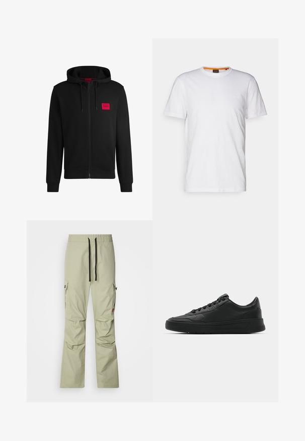 Črna zip-up kapuca iz mehkega blaga, z rdečim pravokotnim logotipom na levi strani prsnega koša in kapuco s vrvico.; Bela bombažna majica s kratkimi rokavi in okroglim izrezom, z diskretnim reliefnim logotipom na prsih. Notranja oznaka ima oranžni akcent.; Svetlo zeleni cargo hlače s sproščenim krojem, elastičnim pasom, črnim vrvico za zategovanje, dvema stranskima žepoma in diskretnimi šivi.; Črne superge z gladkim usnjenim zgornjim delom, okroglo konico, ravnimi vezalkami, oblazinjeno ovratnikom in minimalističnim dizajnom. Gumijast podplat z diskretnim profilom.