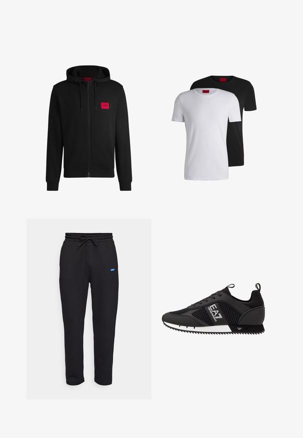 Sort zip-hoodie lavet af blødt stof, med et rødt rektangulært logo patch på venstre bryst og hætte med snore.; To bomulds T-shirts, en hvid og en sort, med korte ærmer og rund halsudskæring, med et fremtrædende rødt mærke ved kraven.; HUGO NANETTI - Træningsbukser - black; EA7 Emporio Armani Sneakers - black/white