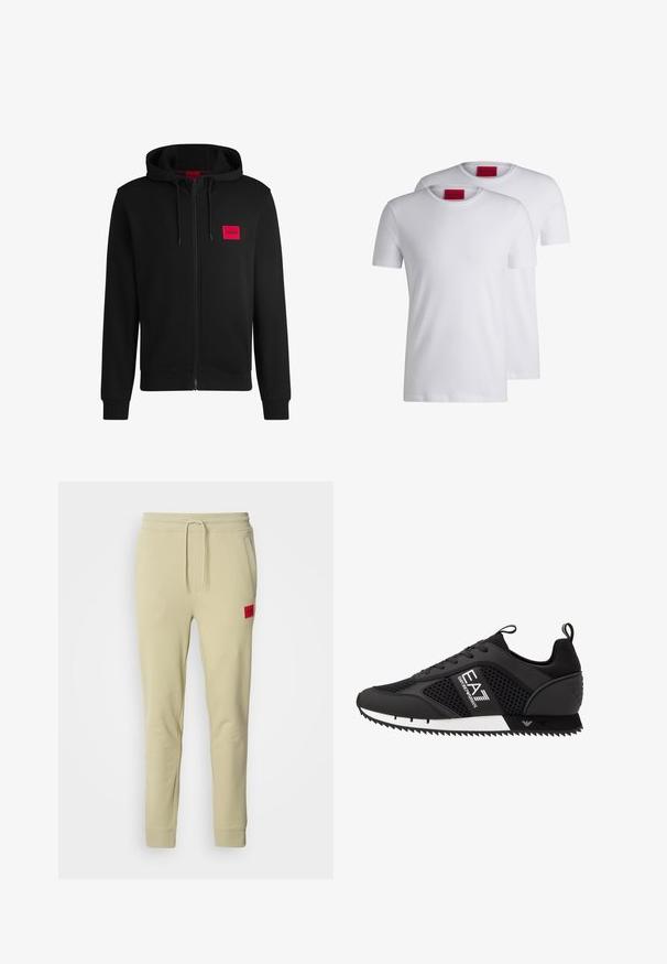 Czarny rozpinany hoodie wykonany z miękkiego materiału, z czerwoną prostokątną naszywką logo na lewej piersi i kapturem ze sznurkiem.; Dwie gładkie białe koszulki z okrągłym dekoltem, krótki rękaw, wykonane z bawełny, z czerwonym metkiem HUGO przy dekolcie. Bez wzorów ani grafik.; Jasnobeżowe spodnie dresowe wykonane z miękkiego materiału, z elastycznym paskiem z możliwością regulacji, bocznymi kieszeniami oraz czerwoną naszywką z logo na prawej udzie.; EA7 Emporio Armani - Sneakersy niskie