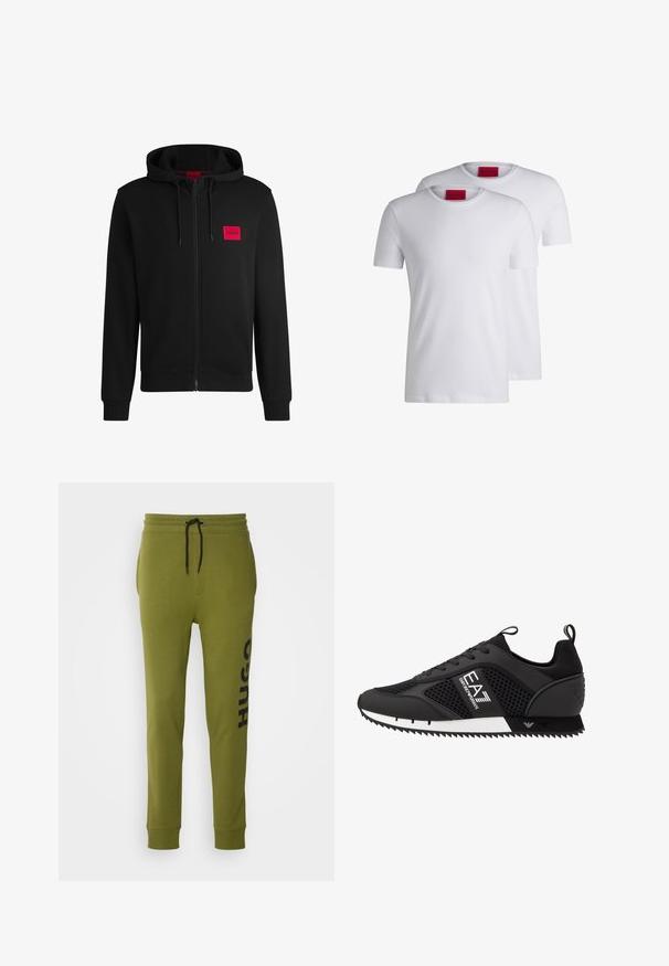 Zwarte zip-up hoodie van zacht materiaal, met een rood rechthoekig logo patch op de linkerborst en een verstelbare capuchon.; Twee plain witte T-shirts met ronde hals, korte mouwen, gemaakt van katoen, met een rode HUGO-label bij de hals. Geen patronen of graphics.; HUGO DUTSCHI - Trainingsbroek - open green; EA7 Emporio Armani LACES UNISEX - Sneakers laag - black/white
