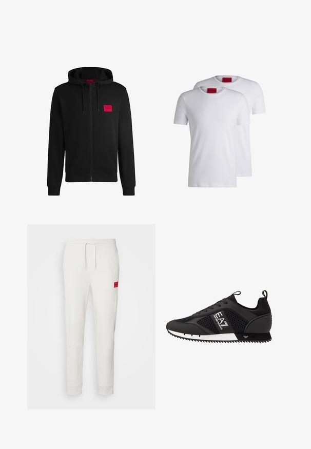 Črna zip-up kapuca iz mehkega blaga, z rdečim pravokotnim logotipom na levi strani prsnega koša in kapuco s vrvico.; Dve navadne bele osnovne majice s kratkimi rokavi, izdelane iz bombaža, z rdečo oznako HUGO na izrezu. Brez vzorcev ali grafik.; HUGO DOAK - Spodnji deli trenirk - natur; EA7 Emporio Armani LACES UNISEX - Športni copati - black/white