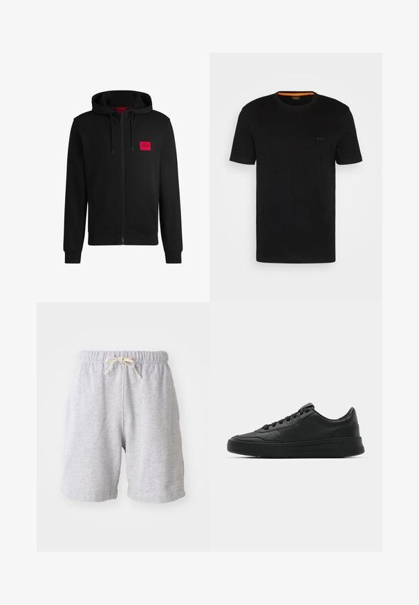 Felpa nera con zip realizzata in tessuto morbido, con un logo rettangolare rosso sul lato sinistro del petto e cappuccio con cordino.; T-shirt nera a maniche corte realizzata in un tessuto morbido, con scollatura rotonda e un logo discreto sul davanti. Il colletto interno presenta un accento arancione.; Pantaloni corti in cotone grigi con vita elastica e coulisse. Lunghezza fino a metà coscia, con cuciture laterali e texture morbida. Senza tasche o motivi visibili.; Sneaker nera con tomaia in pelle liscia, punta rotonda, lacci piatti, collare imbottito e design minimalista. Suola in gomma con un delicato motivo a rilievo.