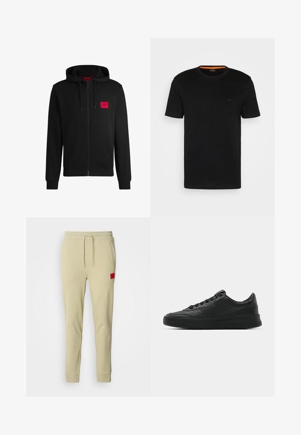 Black zip-up hoodie made of soft fabric, featuring a red rectangular logo patch on the left chest and drawstring hood.; Black short-sleeve t-shirt made of soft fabric, featuring a round neckline and a subtle logo on the front. Inside collar has orange accent.; Light beige sweatpants made from soft fabric, featuring a drawstring waistband, side pockets, and a red logo patch on the right thigh.; Black sneaker with smooth leather upper, round toe, flat laces, cushioned collar, and minimalistic design. Rubber sole with subtle tread pattern.