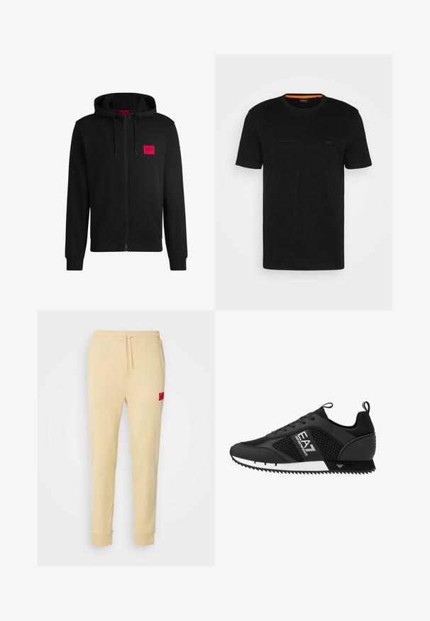 Czarny rozpinany hoodie wykonany z miękkiego materiału, z czerwoną prostokątną naszywką logo na lewej piersi i kapturem ze sznurkiem.; Czarny krótki t-shirt wykonany z miękkiego materiału, z okrągłym dekoltem i subtelnym logo z przodu. Wewnątrz kołnierzyka znajduje się pomarańczowy akcent.; Beżowe dresy wykonane z miękkiego materiału. Elastyczny pas ze sznurkiem, kieszenie boczne, zwężane nogawki i czerwona naszywka z logo na lewej udzie.; EA7 Emporio Armani BLACK&WHITE LACES czarny