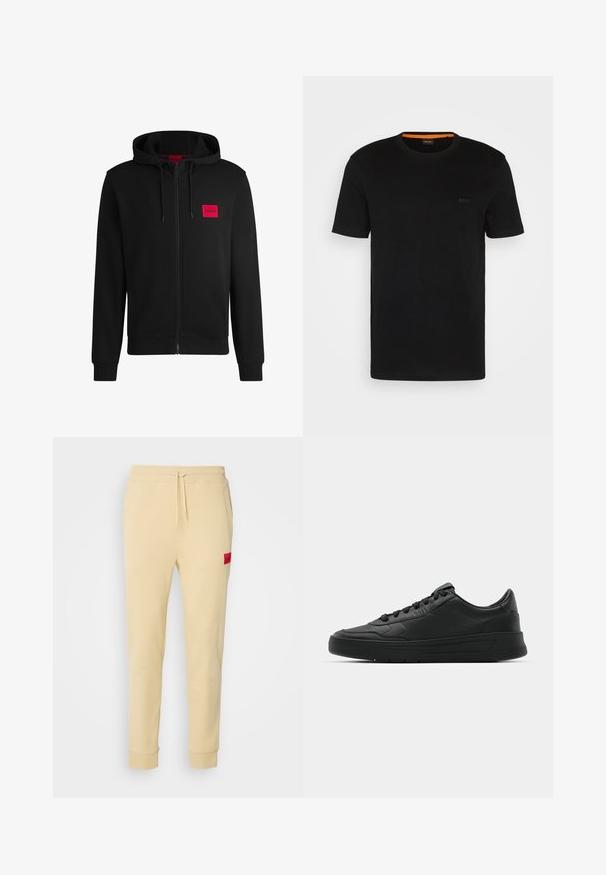 Black zip-up hoodie made of soft fabric, featuring a red rectangular logo patch on the left chest and drawstring hood.; Black short-sleeve t-shirt made of soft fabric, featuring a round neckline and a subtle logo on the front. Inside collar has orange accent.; Beige jogger pants made of soft fabric. Elastic waistband with drawstring, side pockets, tapered legs, and a red logo patch on the left thigh.; Black sneaker with smooth leather upper, round toe, flat laces, cushioned collar, and minimalistic design. Rubber sole with subtle tread pattern.