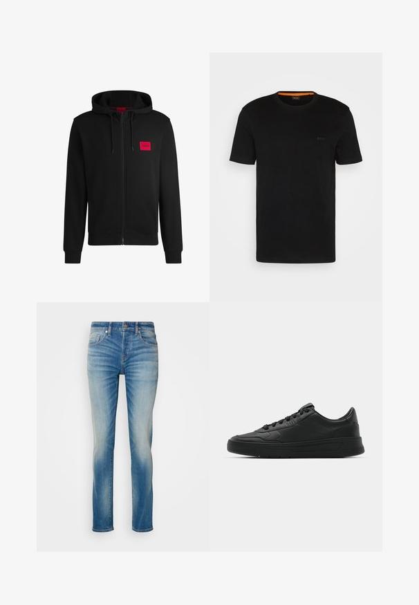 Zwarte zip-up hoodie van zacht materiaal, met een rood rechthoekig logo patch op de linkerborst en een verstelbare capuchon.; Zwarte korte mouwen t-shirt gemaakt van zachte stof, met een ronde halslijn en een subtiel logo op de voorkant. Binnenkant van de kraag heeft een oranje accent.; Lichtblauwe denim jeans met een rechte pasvorm, voorzien van vijf zakken en subtiele vervaging op de bovenbenen. Metalen knoop en ritssluiting.; Zwarte sneaker met een glad leren bovenwerk, ronde neus, platte veters, gewatteerde kraag en minimalistisch design. Rubberen zool met een subtiel profiel.